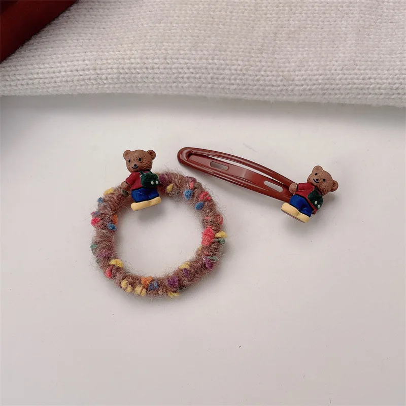 2/4pcs-New dark brown backpack teddy bear hairpin hairband high-end BB clip teenage cute rubber band hair accessory