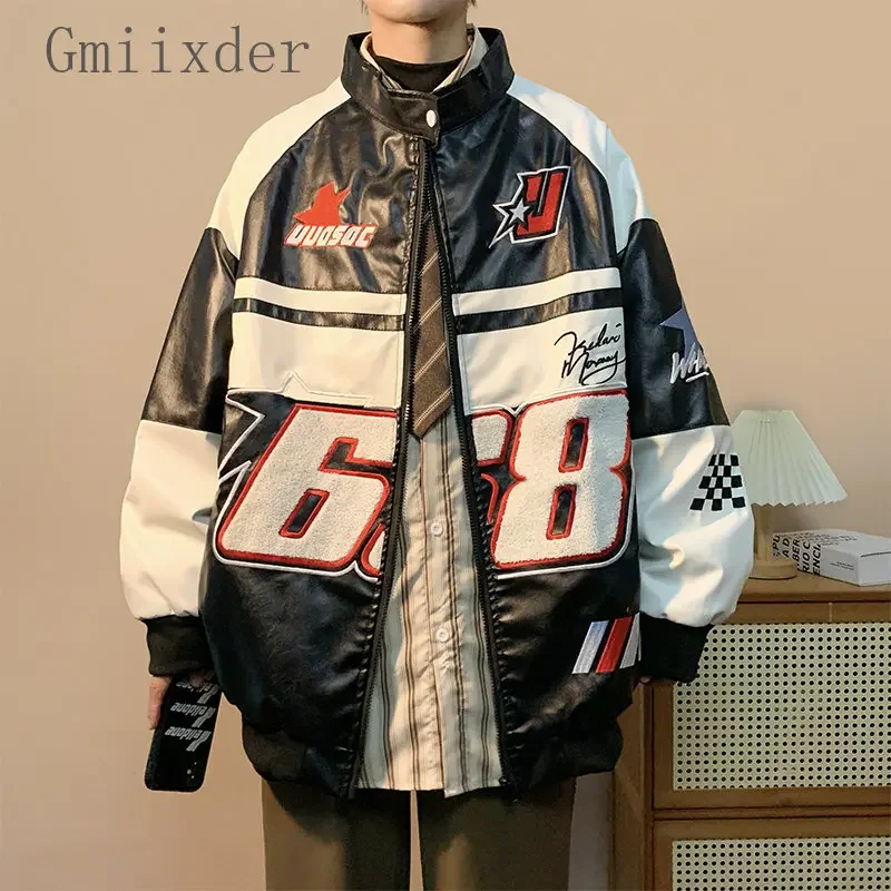Gmiixder American Hip-hop Racing Coat Motorcycle Leather Jacket