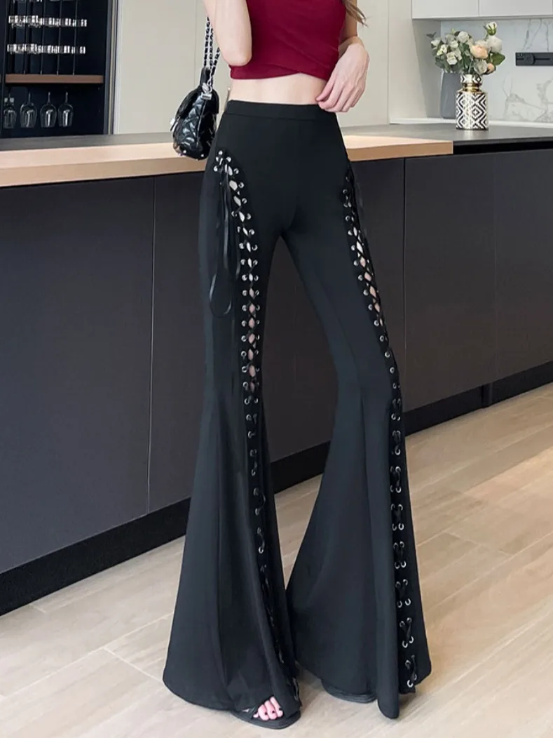 

Черные повседневные брюки-клеш в пол с завязками и эластичным поясом для женщин, летние, большие размеры