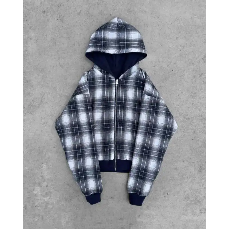 Sudadera con capucha roja con cremallera a cuadros, Unisex Y2K Streetwear chaqueta Vintage, Sudadera con capucha a cuadros de gran tamaño Retro Casual