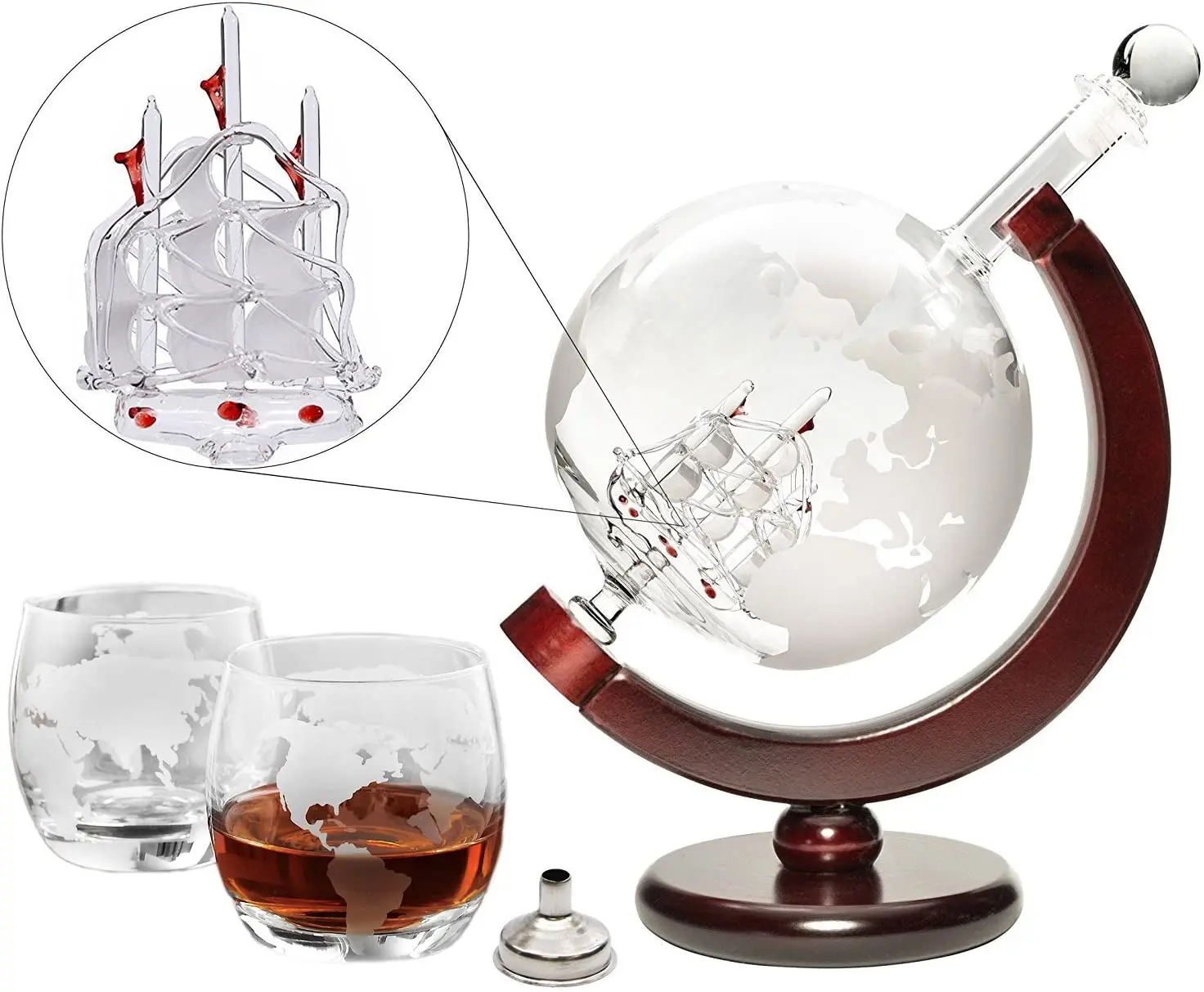 Etched Globe Decanter Set with Wooden Stand for Wine, Whiskey, Brandy, Tequila, Bourbon, Scotch, Rum and Liquor