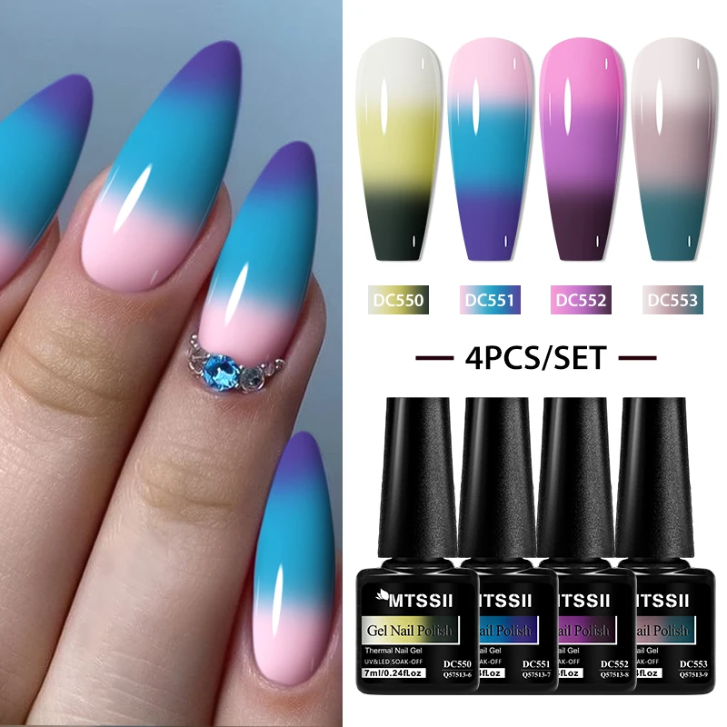 Mtssii 7ML 4PCS Thermal Gel Nail Polish Set Winter Pink Purple Color Changing Semi Permanent Soak Off Manicure kit Nail Art Gel