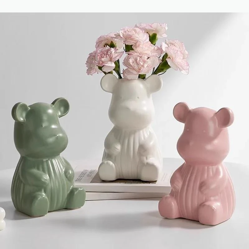 Florero de cerámica de oso, adorno para mesa de comedor, arreglo floral, utensilios, florero hidropónico, decoración estética para sala de estar