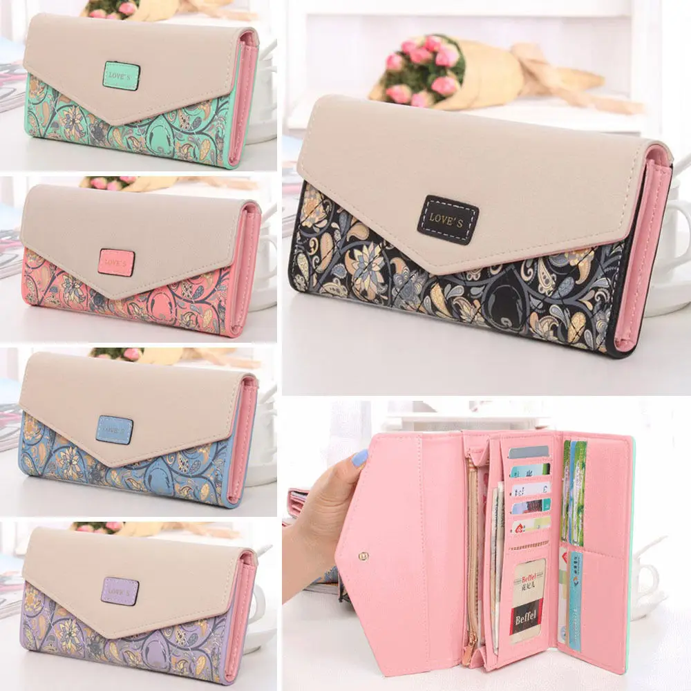 

Floral Print Long Wallet For Women PU Leather Credit Card Holder, Coin Cash Phone Tri-fold Purse Envelope Handbag