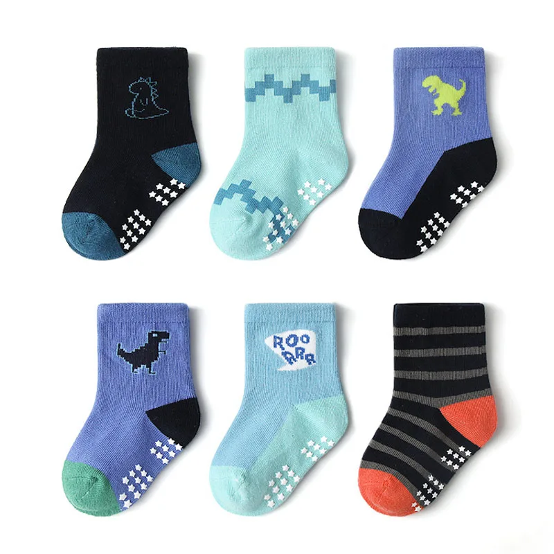 6 أزواج من الجوارب للأطفال غير القابلة للانزلاق على شكل ديناصور كرتوني لطيف للأولاد جوارب أرضية مريحة تسمح بمرور الهواء للأطفال الصغار الذين يتعلمون المشي #2