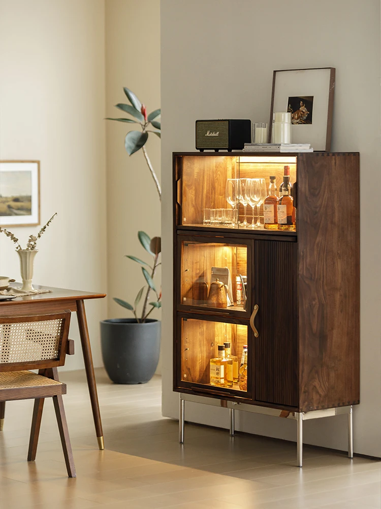 Zwart Walnoot Massief Hout Wijnkast Glas Kleine Display Dressoir Modern Huis Woonkamer Tegen De