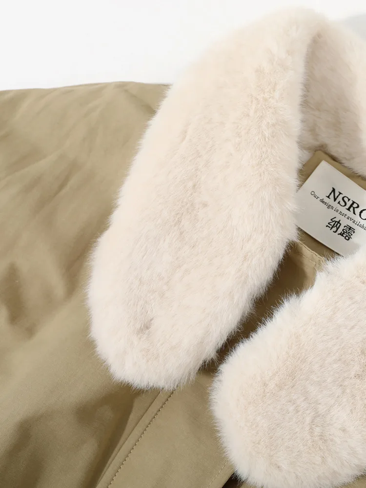 ZMEENNA Damski Długi Płaszcz Trencz Brązowy z Kołnierzem ze Sztucznego Futra, Wyściełany Shearlingiem, Zapinany na Guziki, z Paskiem w Talii, Odzież Zimowa ZM4495