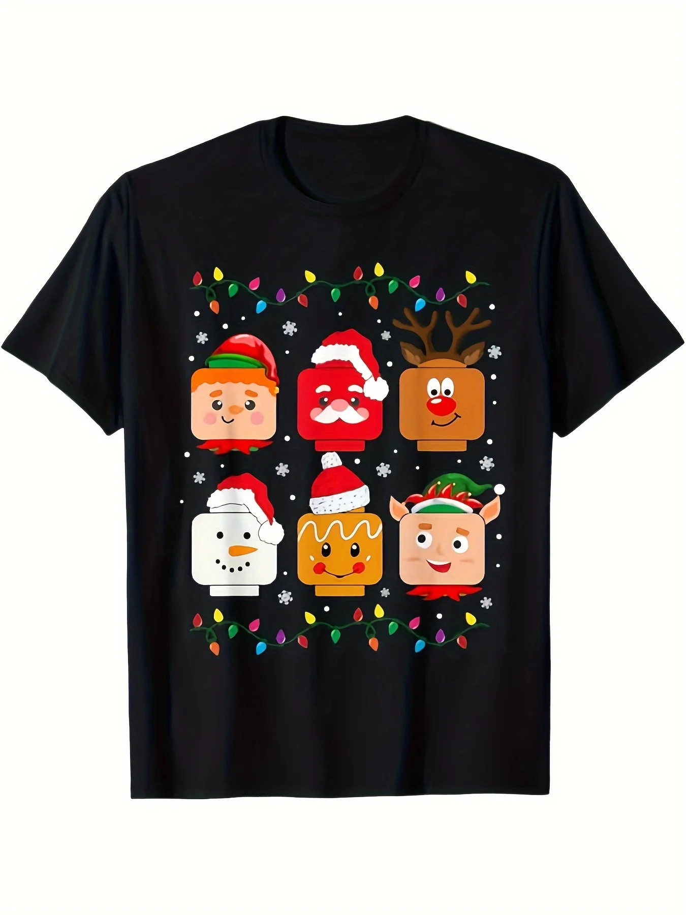 

Men's Retro Block Christmas Tee, 180g Brick Minifigure, Black Holiday Party Tee