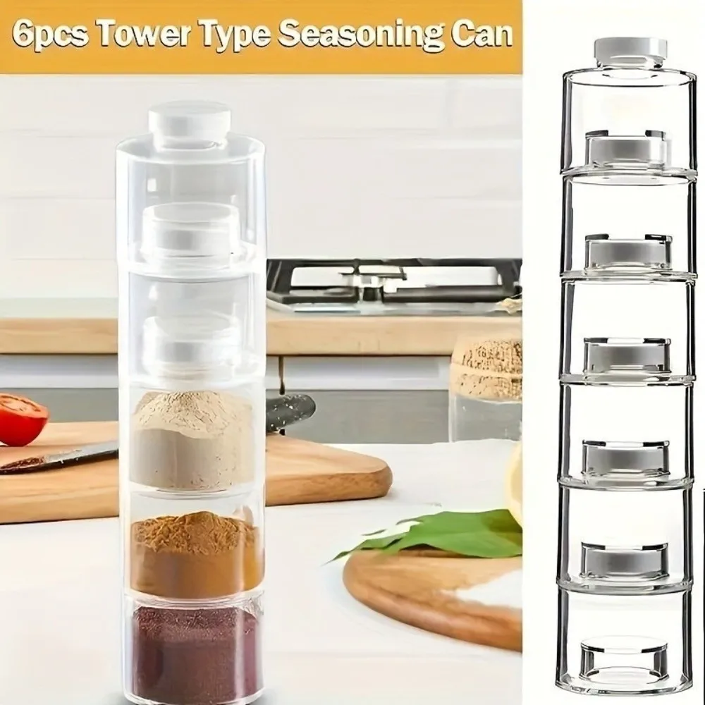 

6pcs Transparent Tower Seasoning Jar Airtight Seal Removable Lids Spice Storage Bottle Cylindrical Shape Plastic