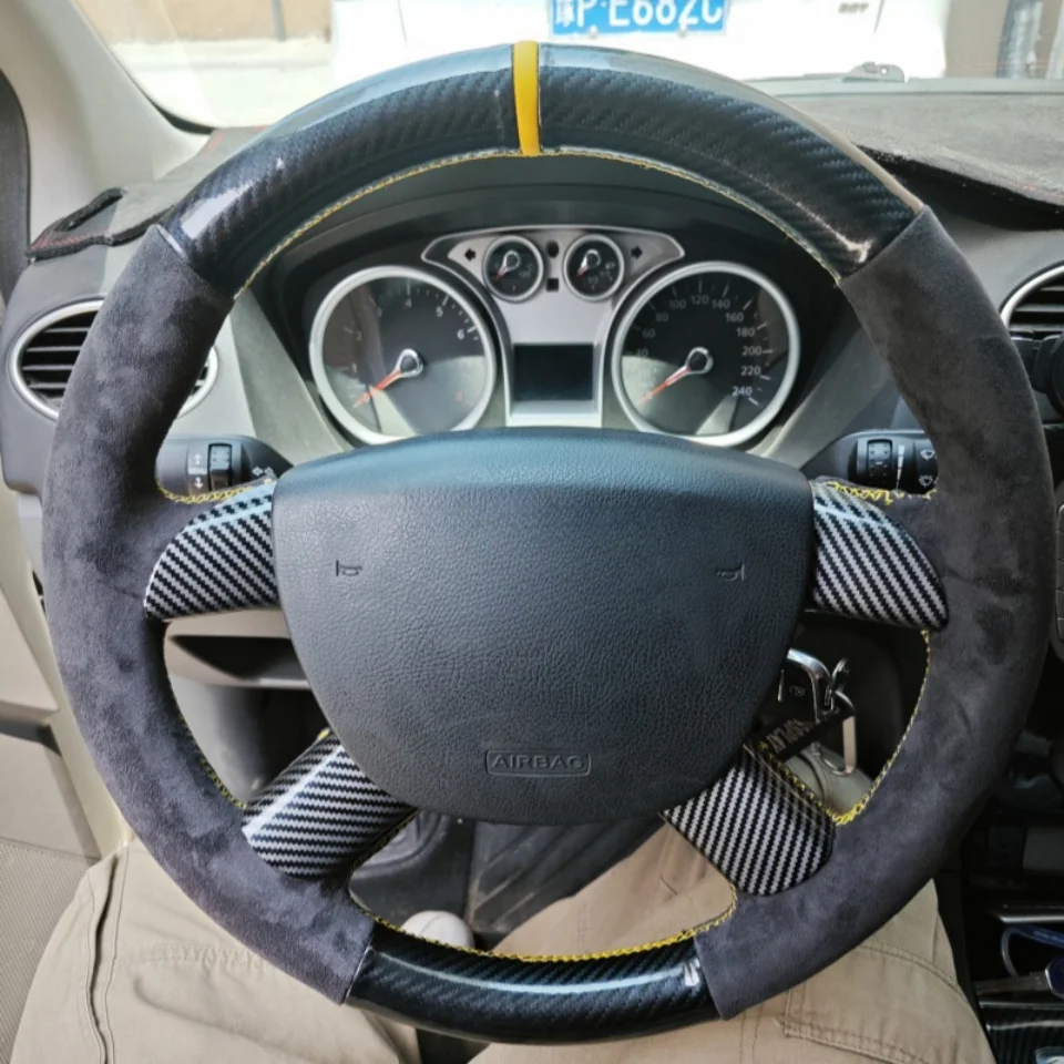 Auto Lenkrad abdeckung Kohle faser Wildleder atmungsaktiv schwarz für Ford Kuga Focus 2 C-MAX Lenkrad Flecht abdeckung – Detail 1