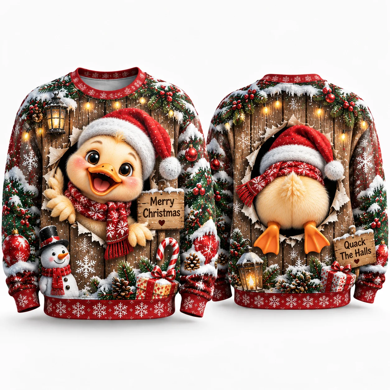 Duckling Ugly Christmas Sweater, Cute Yellow Duck Holiday Sweaters with Santa Hat Snowflake Party Print