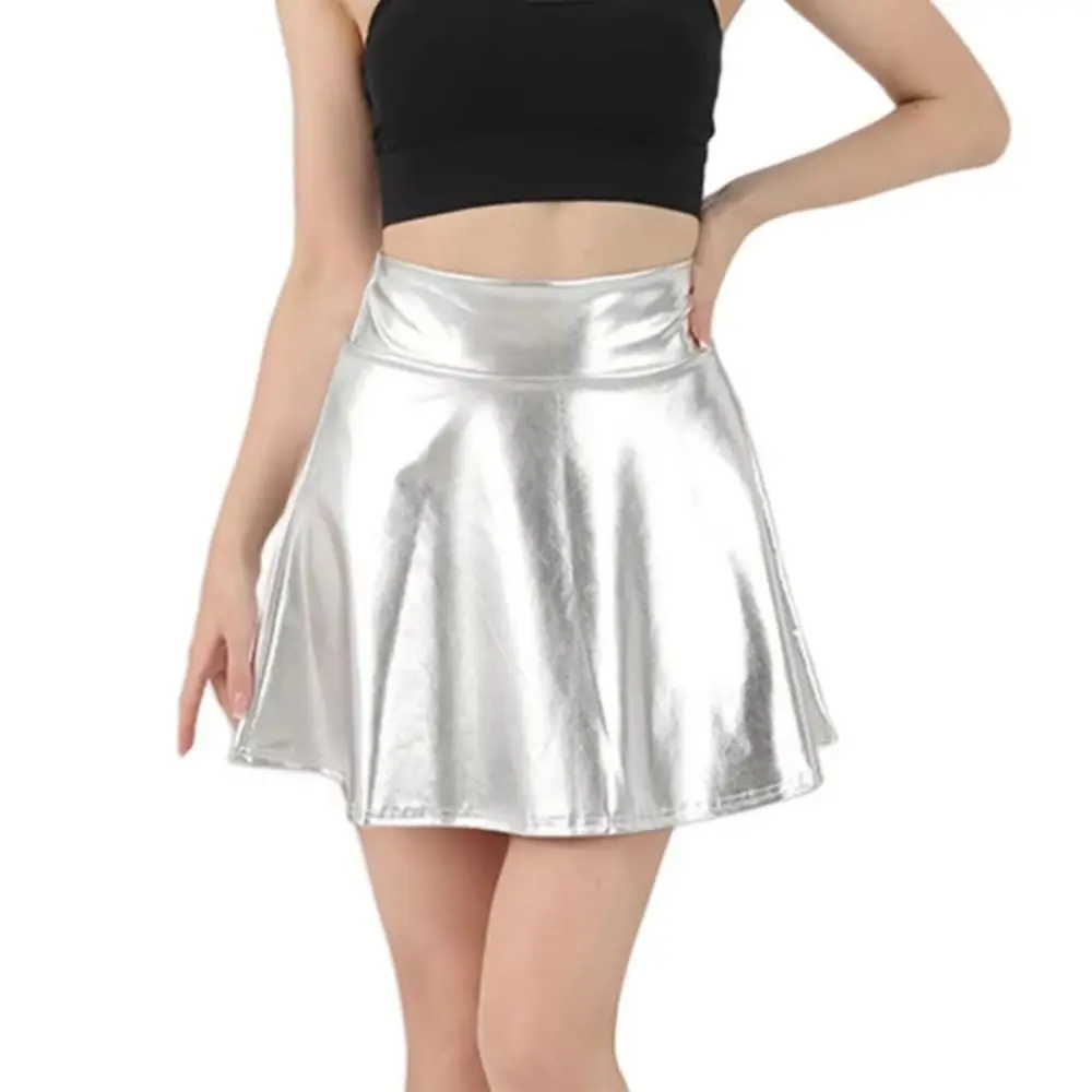 

Elegant Metallic Pleated Skirt Gold Silver Flared Design Shiny Short Dress Solid Color Elastic Pleated Skater Skirt Daily Wear