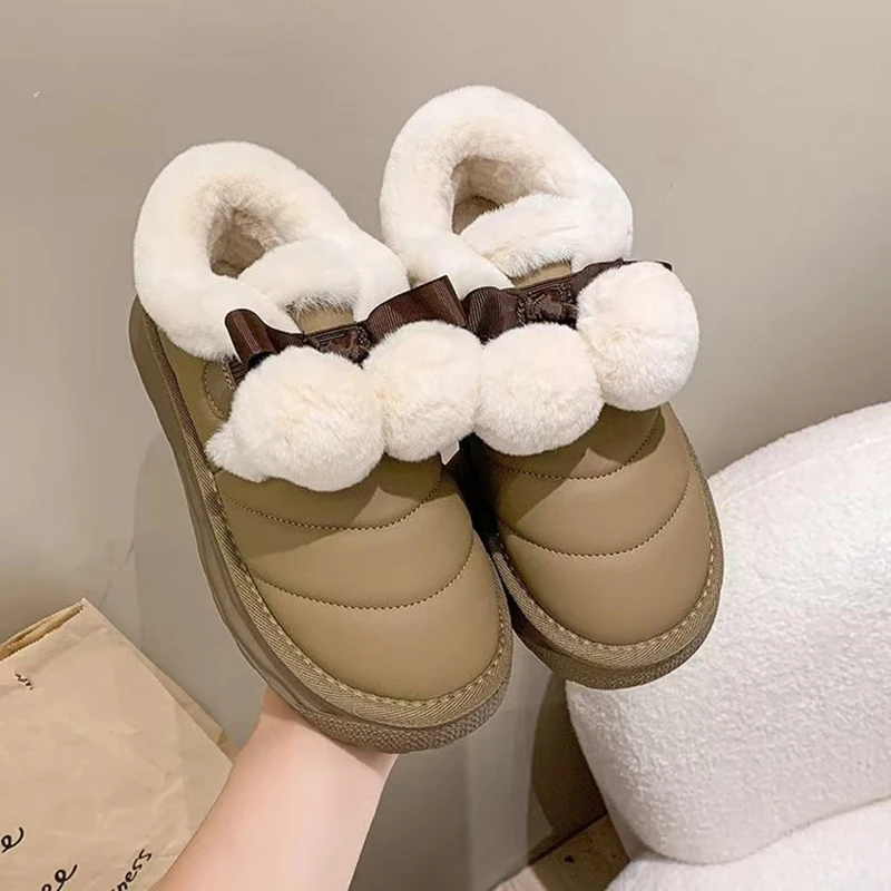 Fashionable Women's Snow Boots Winter Warm Plus Velvet Cotton Slippers New Student Fairy Style Bow Short-tube Flat Cotton Shoes