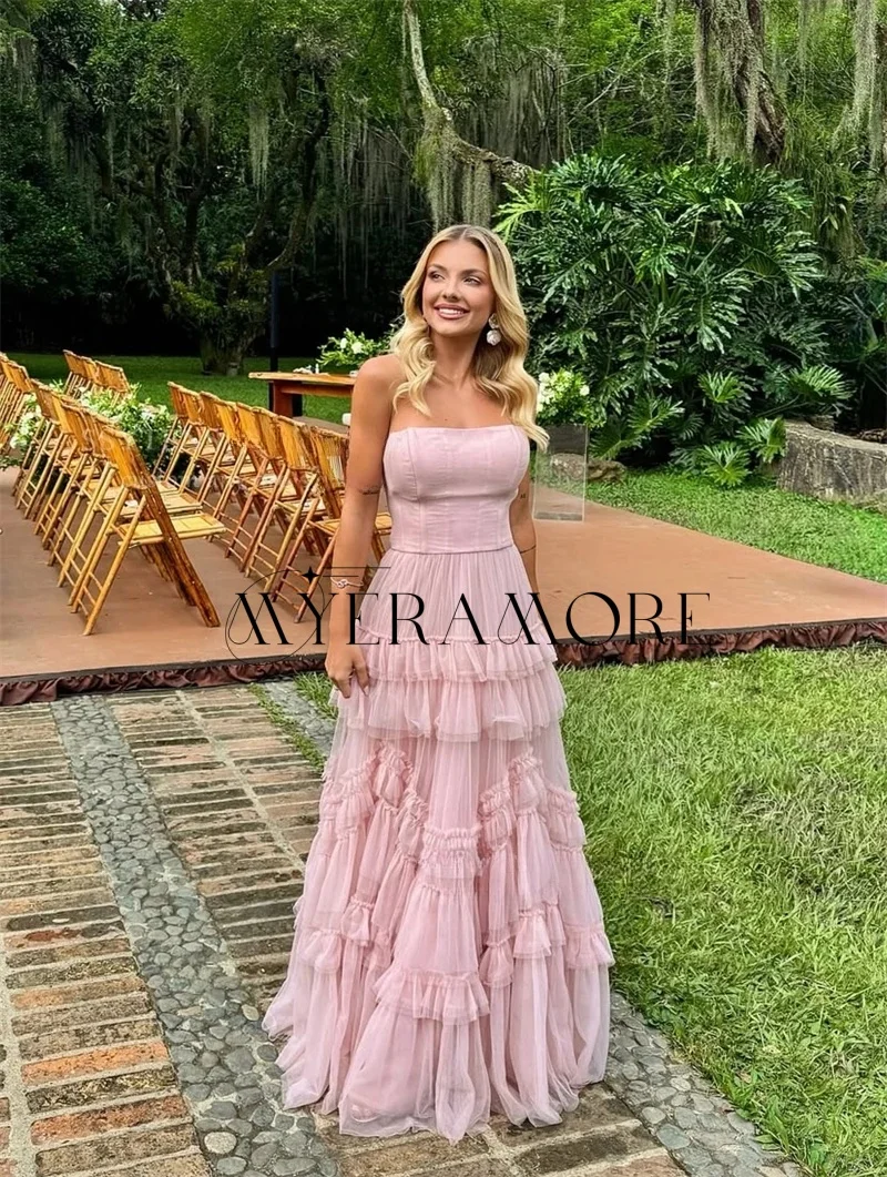 

Fashion Pink Strapless Evening Dresses Tulle A-Line Tiered Ruffle Zipper Prom Dresses Customized robes de soirée