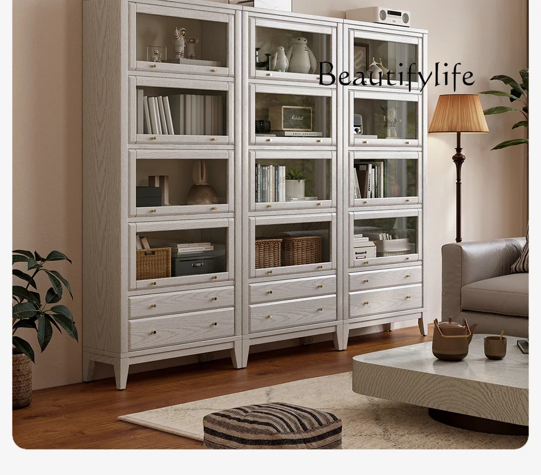 

Dust-Proof Bookcase with Glass Door Floor Household Storage Cabinet Solid Wood Bookshelf Living Room Locker