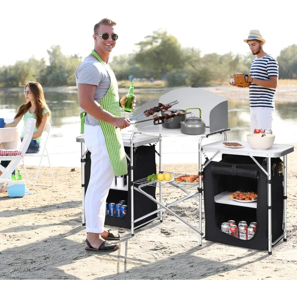 Camping Kitchen Station, Folding Grill Table with 26'' Tabletop, 2 Side Tables, Storage Organizer, Detachable Windscreen, Porta