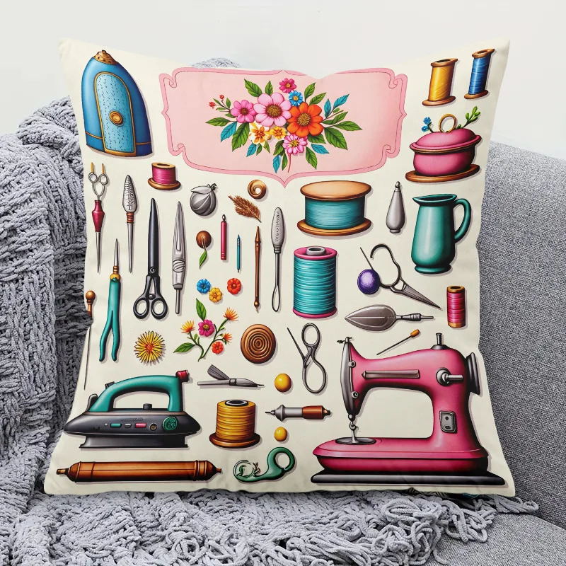 Sewing Tools Collection Double-Sided Pillowcase, Tailor Craft Graphic Cushion Cover with Zipper, Washable Decor Case