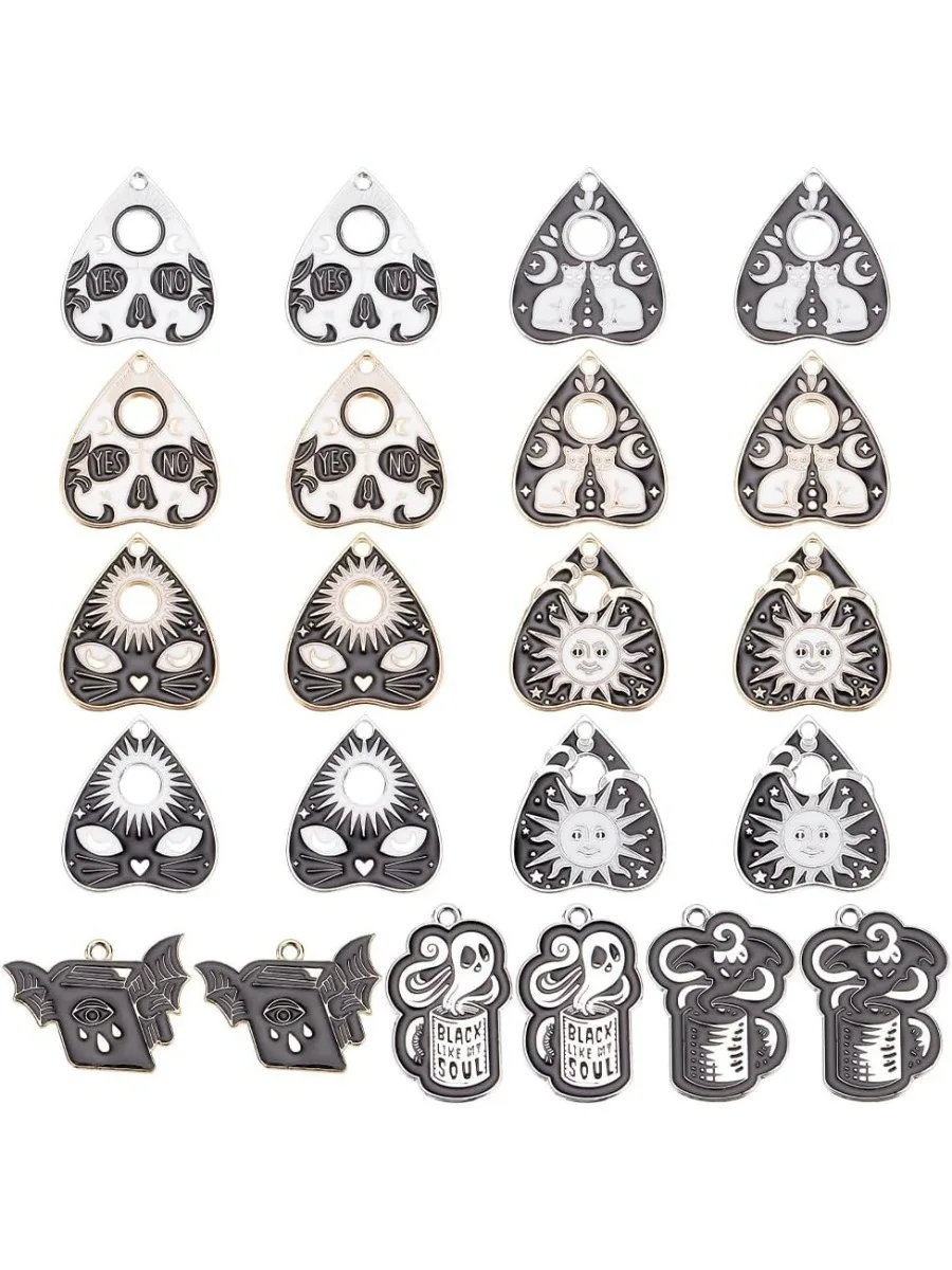 22 Pcs 11 Styles Enamel Charms Black and White Alloy Heart Cup Book Shaped Pendant Halloween Ghost Bat