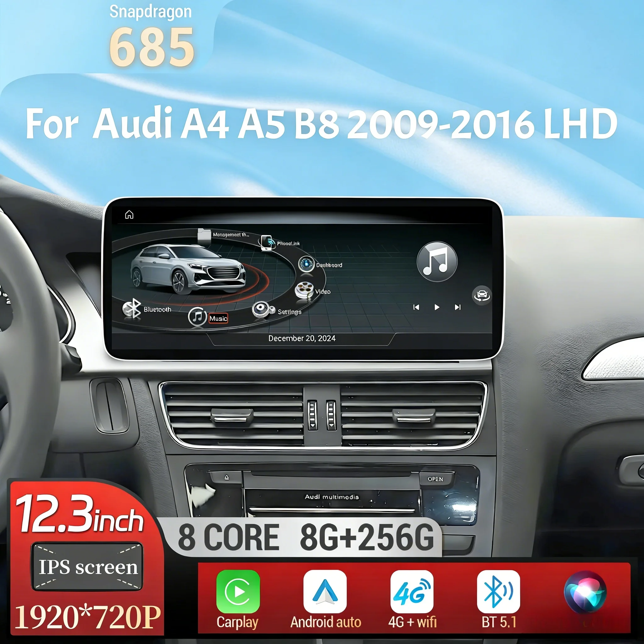 12.3 inch Left Hand Drive Android 13 Car Radio Qualcomm Snapdragon 685 For Audi A4 A5 B8 2009-2016 BT Carplay Head Unit Screen