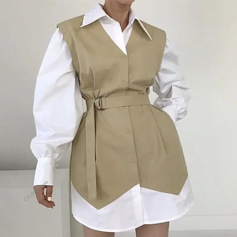 Koreanische Chic Revers Schwarz Weiß Kontrast Nähte Gefälschte Zwei-stück Spitze Up Taille Geschlossene Blase Hülse Hemd Kleid Frauen