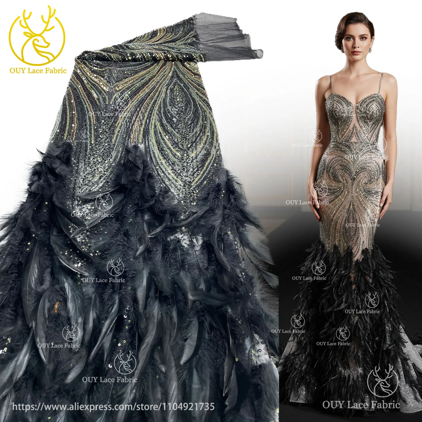 

Black 3D Feather Latest Luxury Bridal Wedding Dress Sewing Lace Fabric 2025 Exquisite French Nigerian Beaded Sequin Lace Fabrics