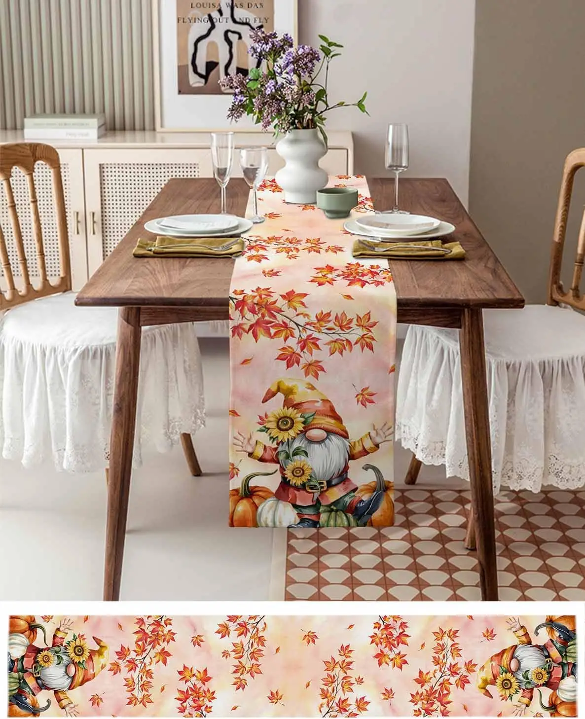 Fall Maple Leaves Gnome Linen Table Runner Thanksgiving Decorations Autumn Pumpkins Sunflowers Table Runners Holiday Party Decor
