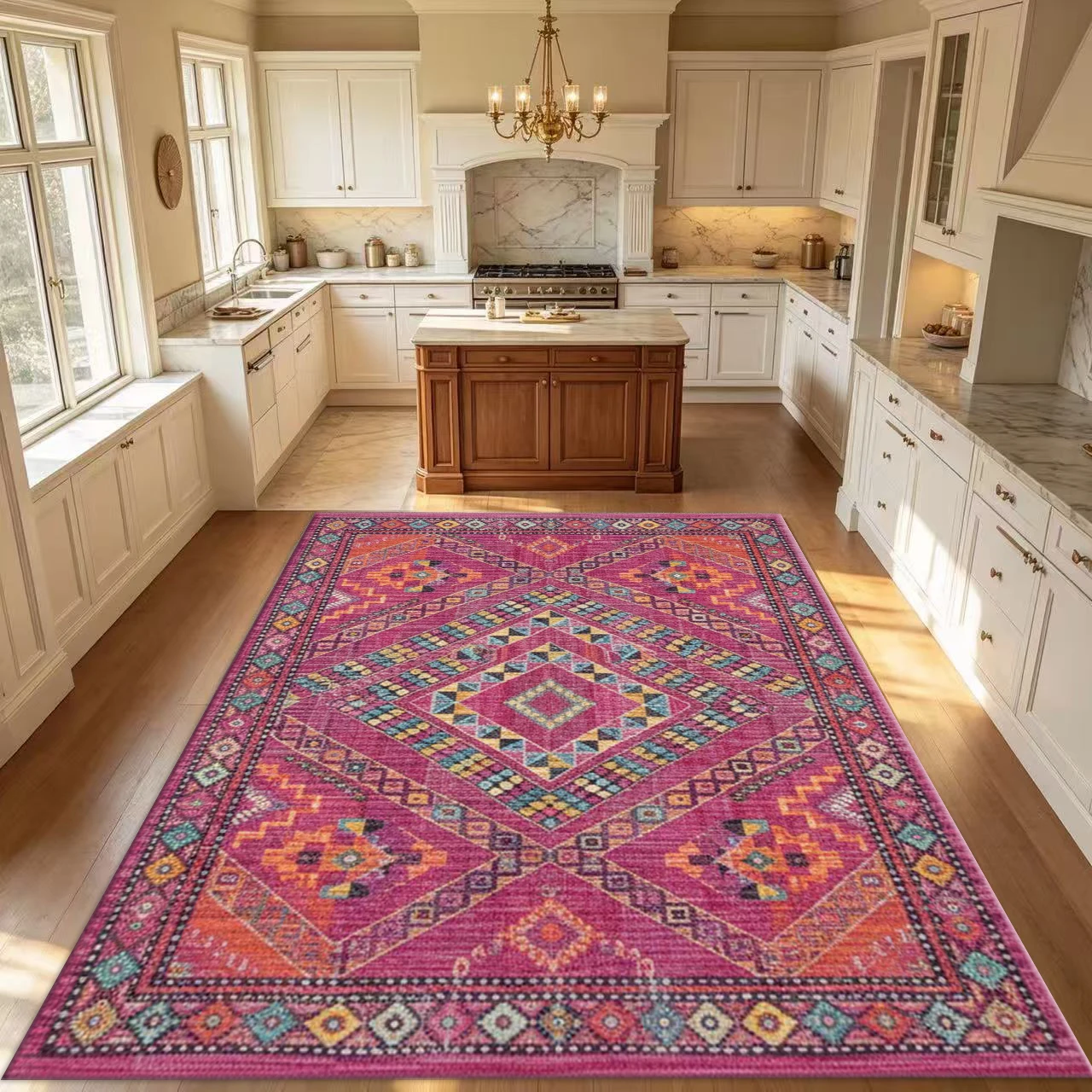 Bohemian Pink and Purple Ethnic Style Diamond Carpet, Vintage Tribal Non-Slip Carpet Suitable for Living Room, Bedroom, and Home Decoration