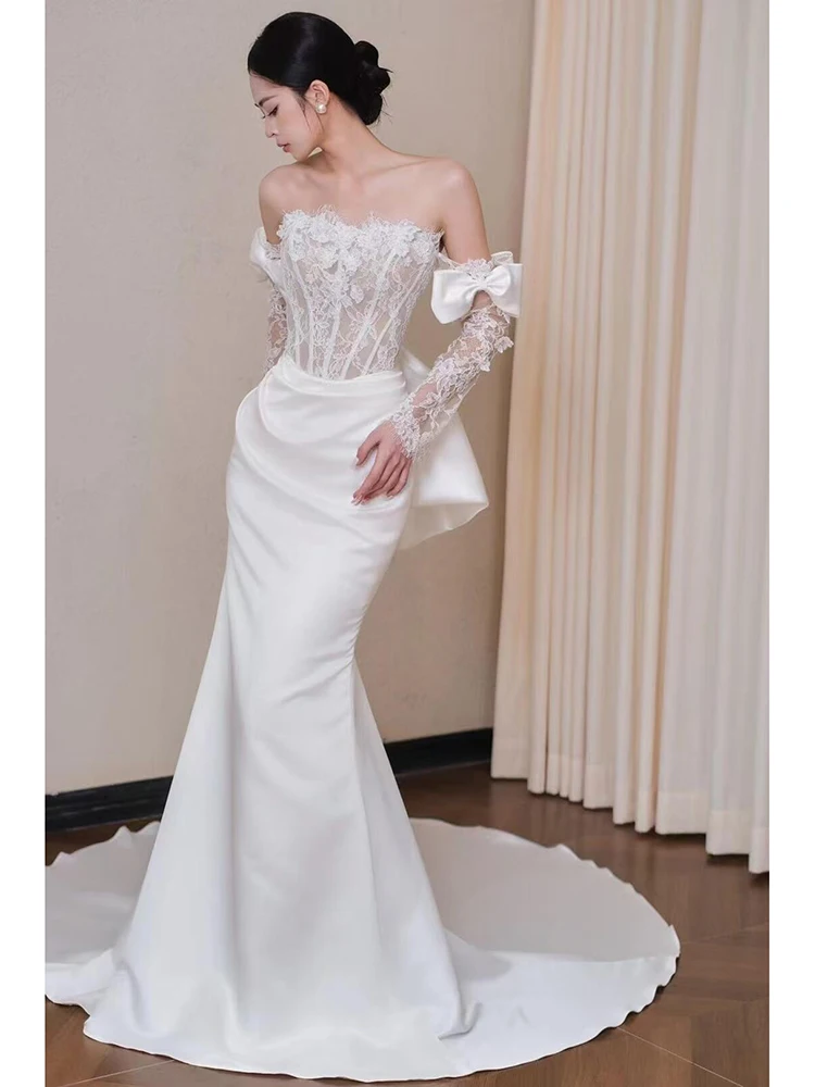 

Ретро-платье для свадьбы с кружевом, новинка 2025 года, элитное атласное платье-русалка для подружки невесты с длинным шлейфом, простое и элегантное.