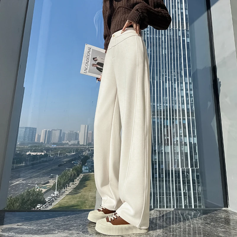 Pantalones holgados de lana y mezcla de otoño e invierno para mujer, pantalones curvos de plátano de longitud completa, ropa de calle para mujer, pantalones de pierna ancha de cintura alta