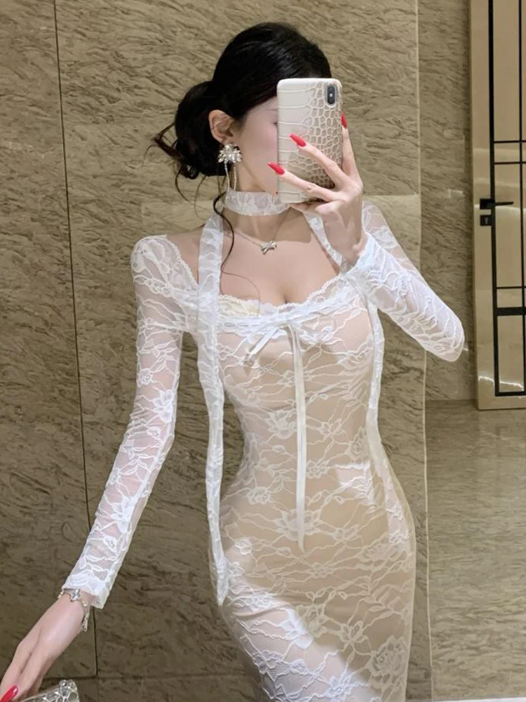 Chic Women Floral Lace Sexy Sheer Long Sleeve Maxi Dress Birthday Party Prom Gown Clothes Sweet Mujer Vestido Slim Robe Vacation