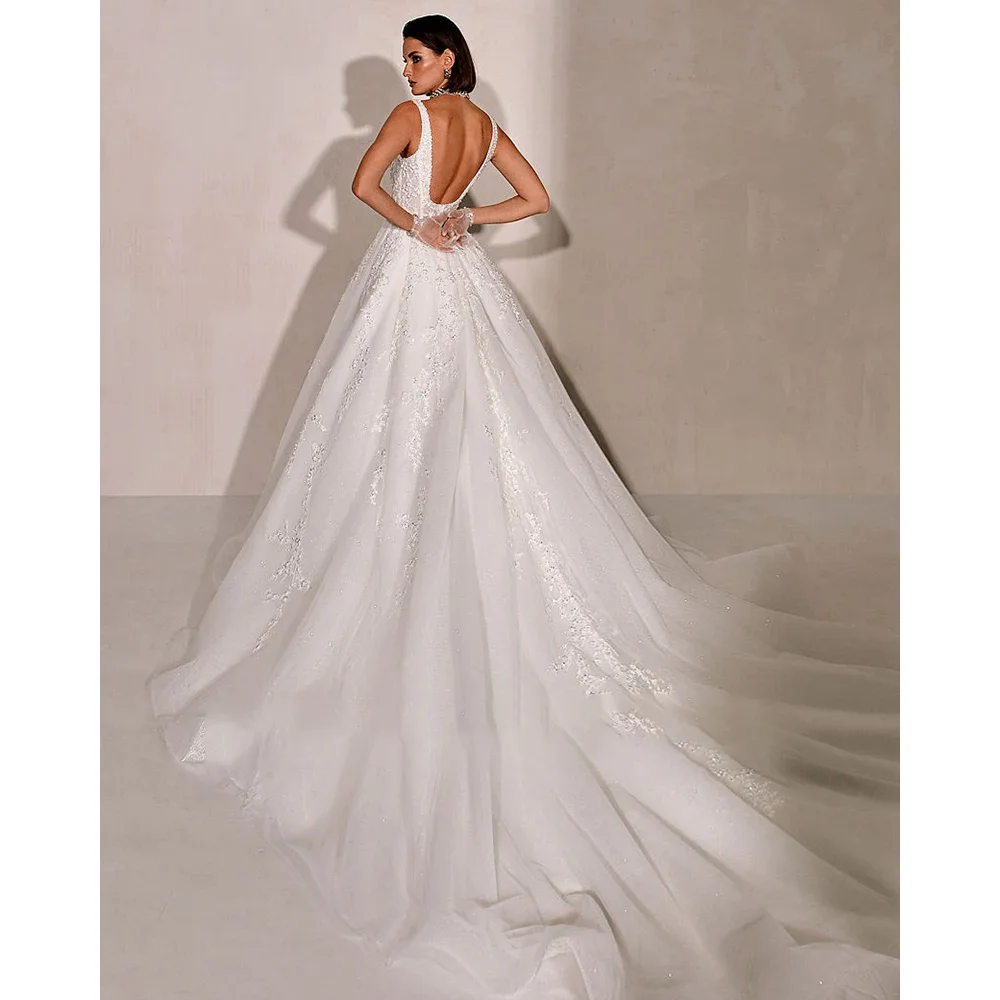 Vestidos de novia de encaje con apliques elegantes, vestidos elegantes de corte en A con lentejuelas y cuello cuadrado, vestidos de novia blancos con abertura lateral a la moda