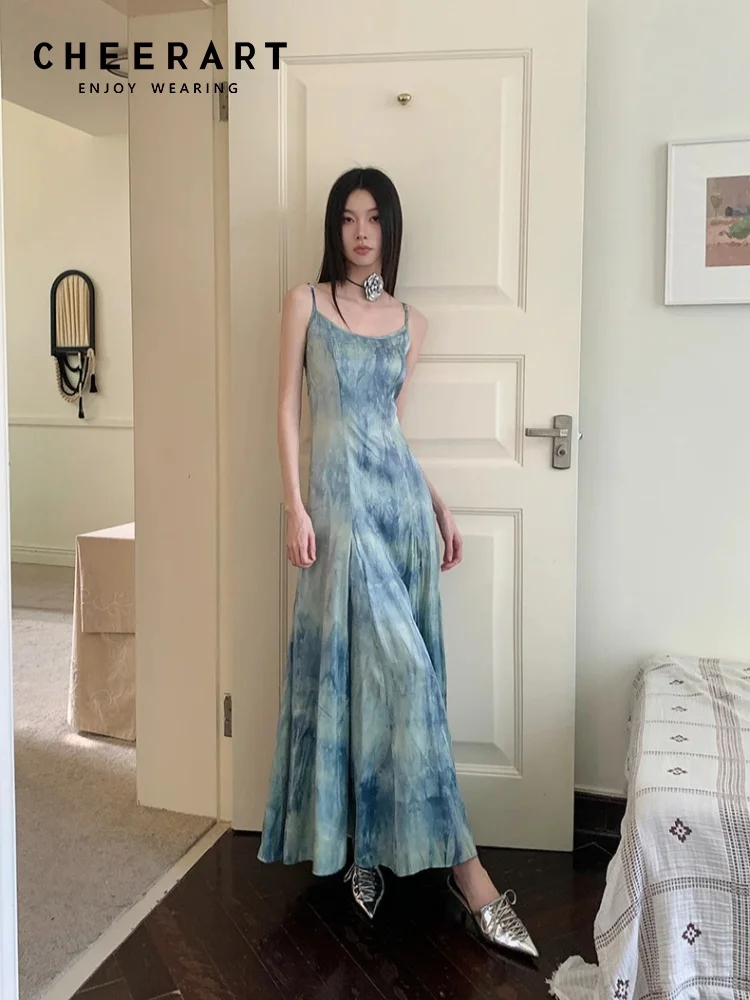 CHEERART Tie Dye Blue Backless Long Slip Dress Women 2024 Vacation Clothes Tunics A Line Holiday Maxi Dress Summer