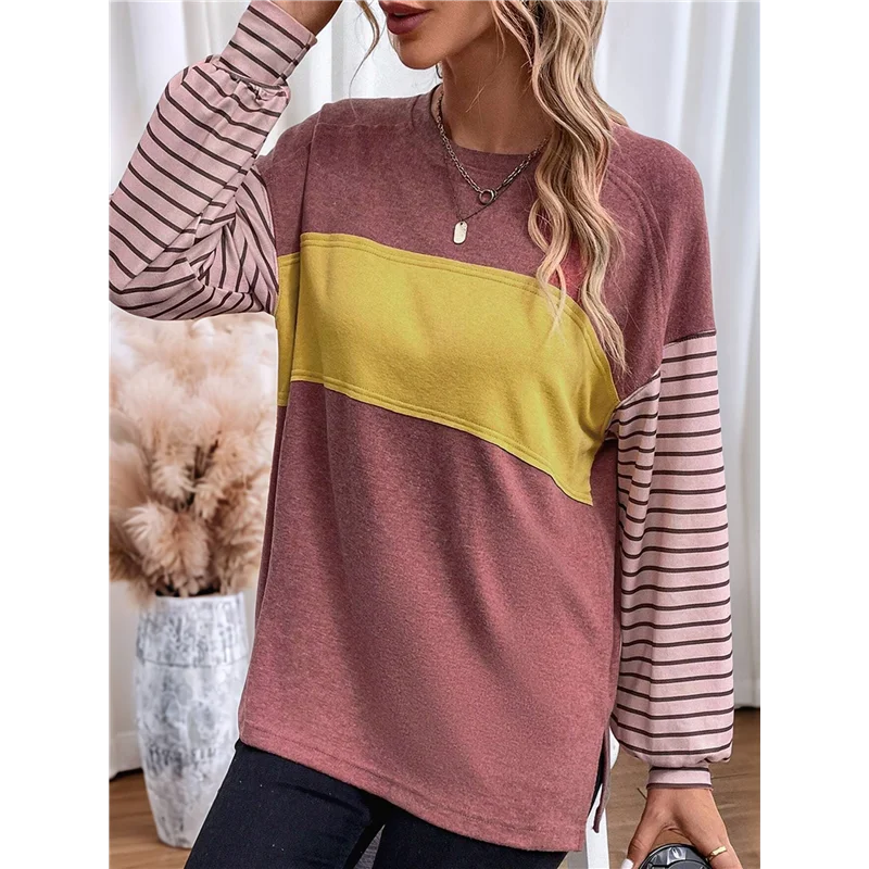 

【SEE】Long Sleeve Tops Oversized 2025 Trendy Round Crew Neck Casual Color Block Womens Shirts Blouses