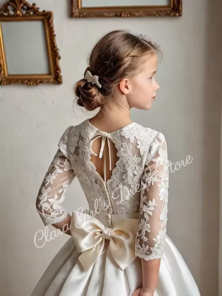 First Communion Dress Cute Little Flower Girl Dress Custom Satin with Lace Prints and Bows Children's Birthday Party Dress