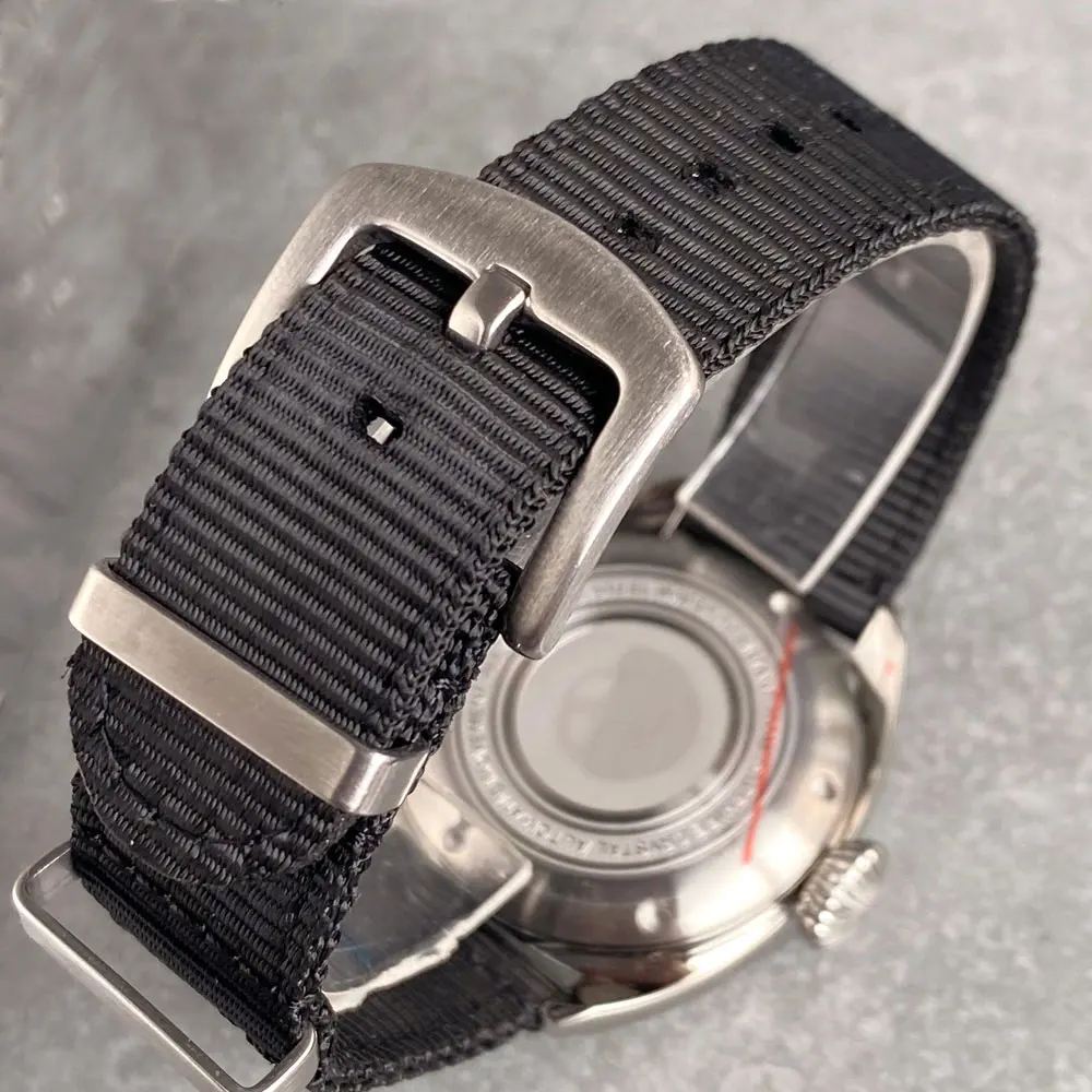 Tandorio 40mm Men Wristwatch Black Dial NH35A Movement Screw Crown Solid Back Double Bow Glass Nylon Strap Brush Date