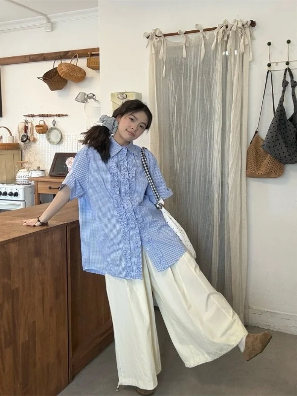 

Рубашка в корейском ретро-стиле в клетку больших размеров с коротким рукавом, повседневные свободные брюки с широкими штанинами, женская модная одежда для весны и лета