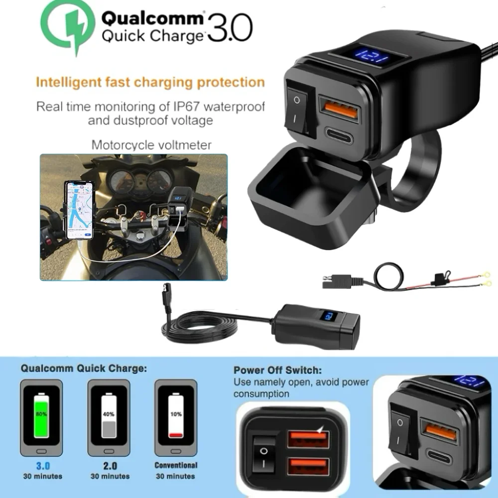 

Motorcycle Charger QC3.0USB PD Fast Charging Adapter Socket With Switch Waterproof Digital Voltmeter Motorcycle Accessories