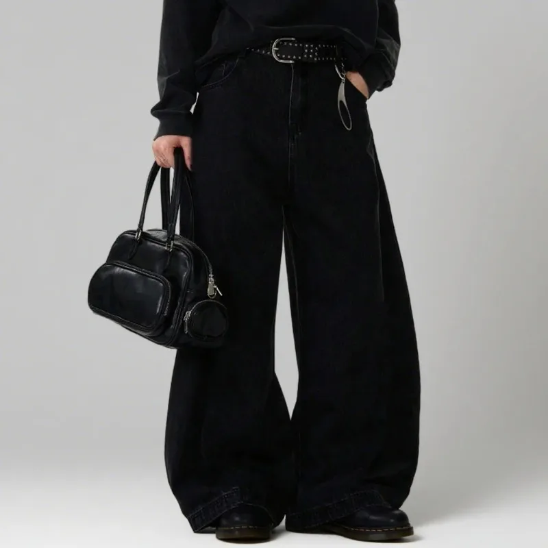 

Высоко уличные осенние мужские джинсы, новые американские мешковатые широкие джинсовые брюки с изогнутыми ножками, свободные однотонные мужские модные брюки