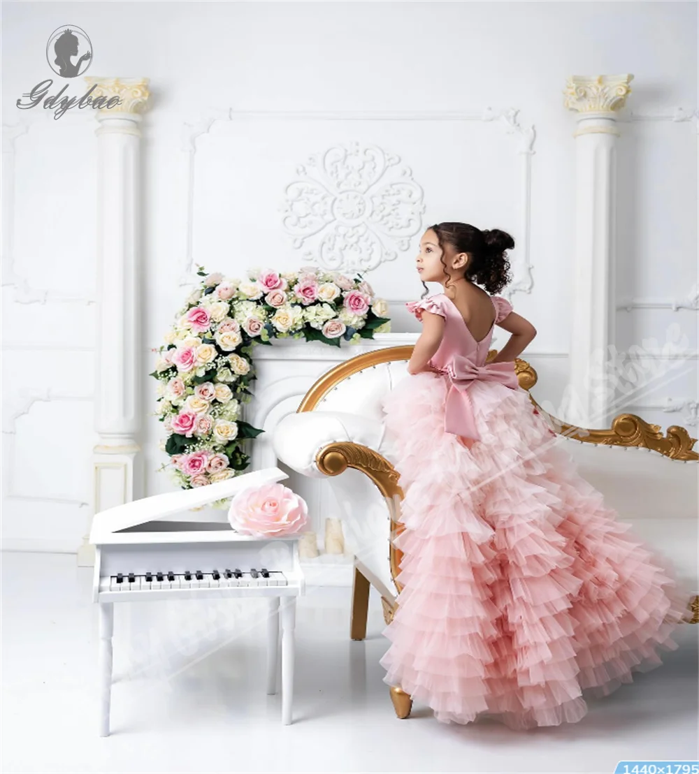 女の子のウェディングパーティードレス非対称長さホワイトエレガントフラワーガールドレス誕生日パフォーマンス聖体拝領用