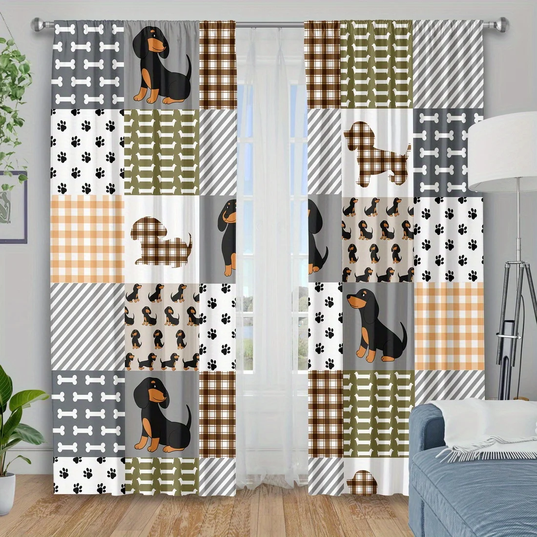 Dachshund Patchwork Curtains, Cute Dog Paw Print Plaid Drapes for Living Room, Cartoon Puppy Window Treatment Home Decor