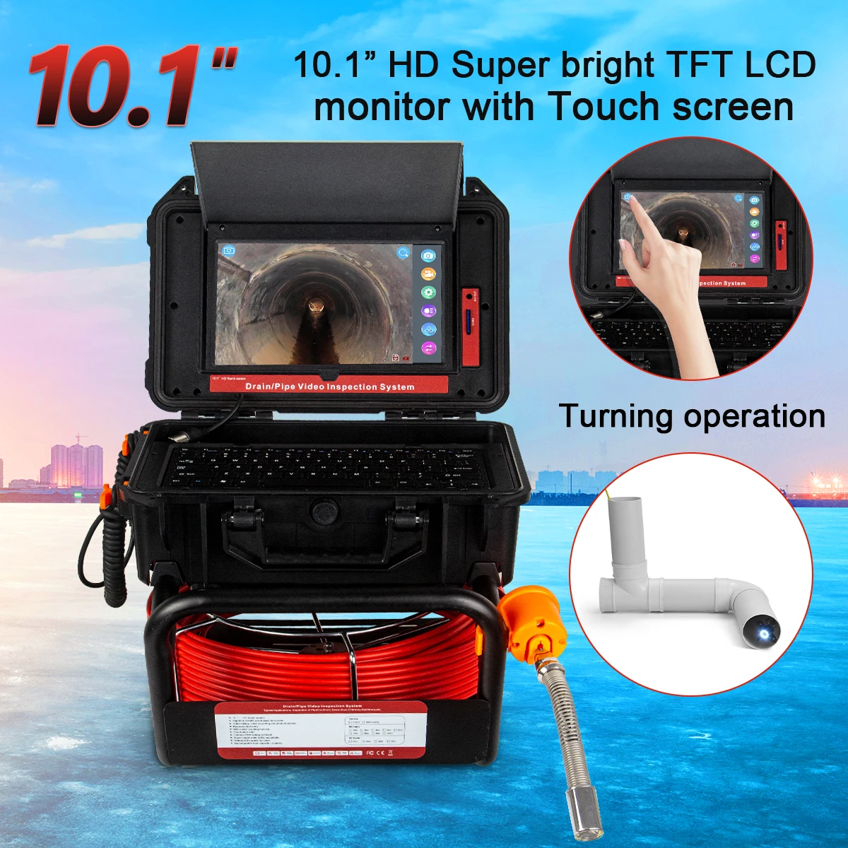 HD 1080P 10.1in Pipe Inspection Camera 512HZ Locator 10-50M Distanc Counter Self-Leveling Video Audio Recording Endoscop Camera