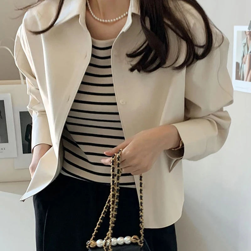 Chaqueta de cuero corta informal hoada con un solo botón y solapa de manga larga de estilo Vintage e para mujer, pre...