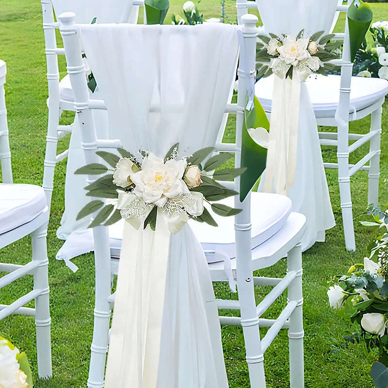 

1PC Wedding Car Car Flowers Chair Back Flowers Artificial Rose Corridor Aisle Chair with Bouquet Bamboo Chair Artificial Flowers