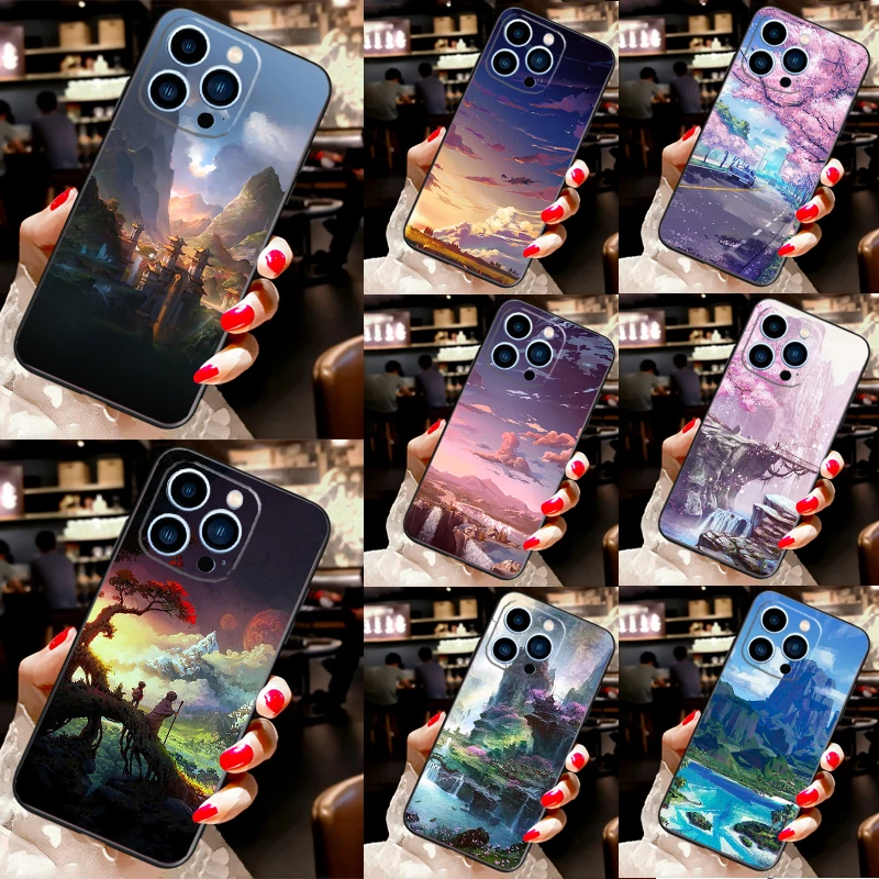 Anime Natura Landscape Case For iPhone 13 12 11 14 15 16 Pro Max XS XR X Full Cover For iPhone 12 13 Mini Plus