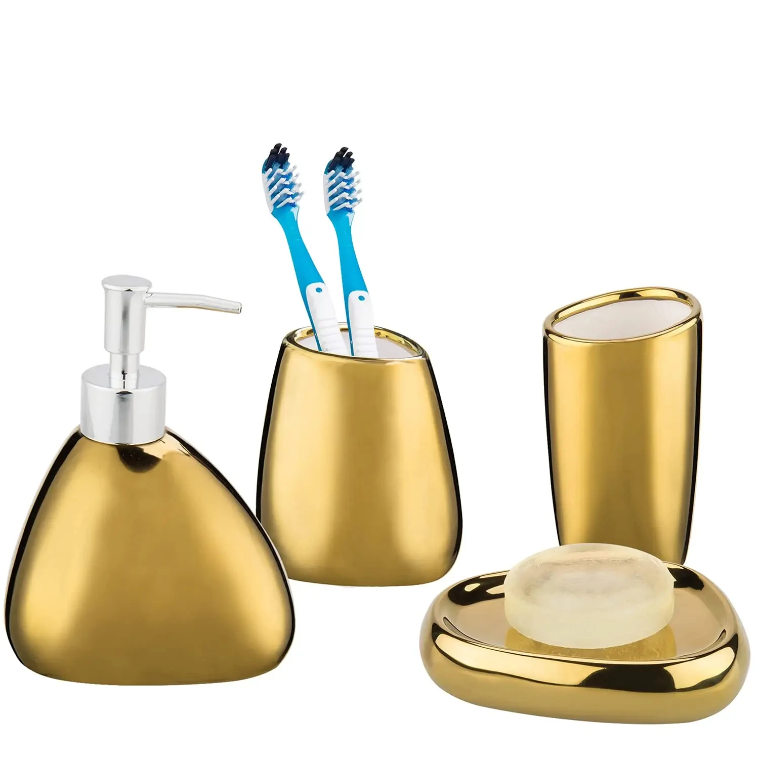 Gold Bathroom Accessory 4 Piece Set with Soap Dispenser Mouthwash Cup Toothbrush Holder And Bathroom Gift