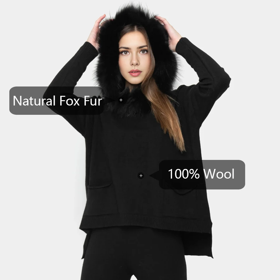 캐시미어 스웨터 폭스 퍼 트림 후드 니트 스웨터 여성용 리얼 퍼 풀오버 고품질 천연 퍼 칼라 캐주얼 후디