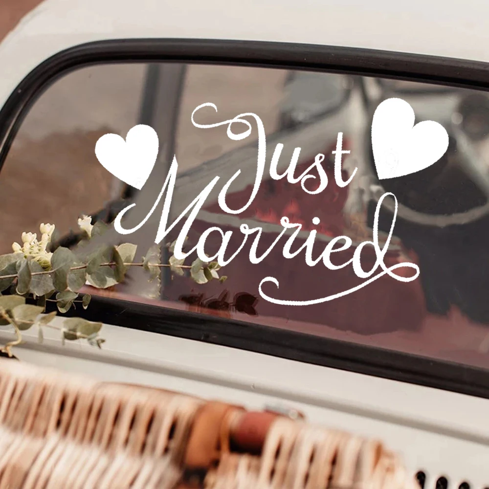 

Wedding Decor Decals Just Married With Hearts Sign Wedding Car Stickers Quote Wall Decals Removable Vinyl Decor Poster A348