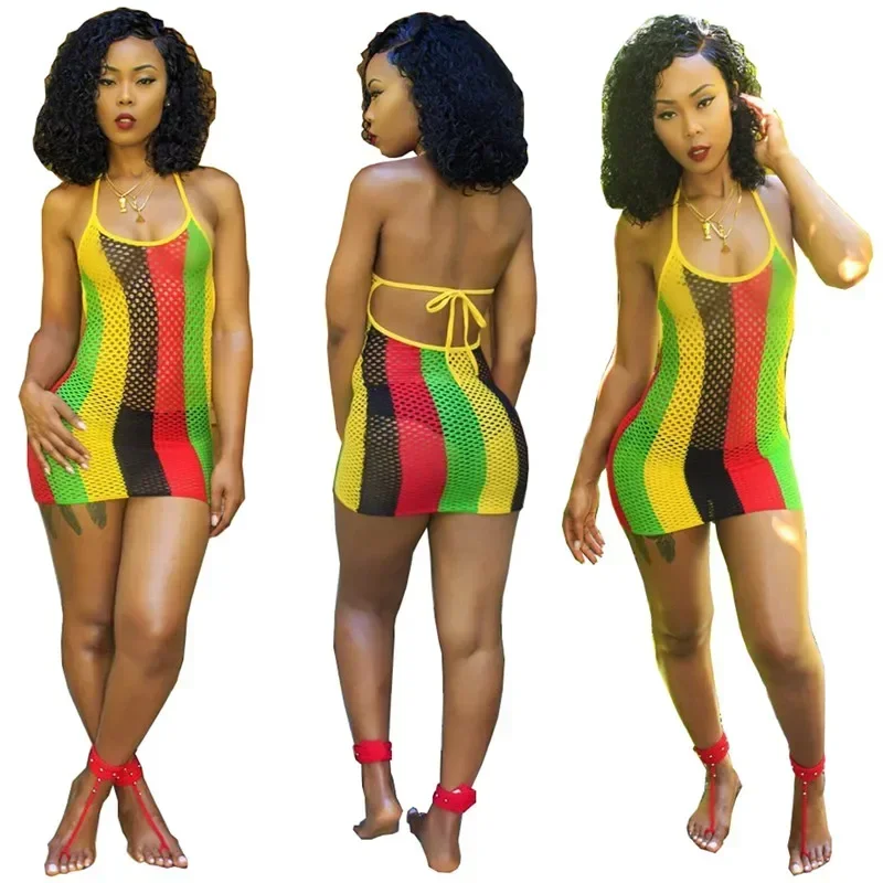Women\'s Mesh Spaghetti Strap Dress Backless Stripy Striped Mini Party Dress Hollow Out Fashion Sexy Fish Net Summer Club Dress