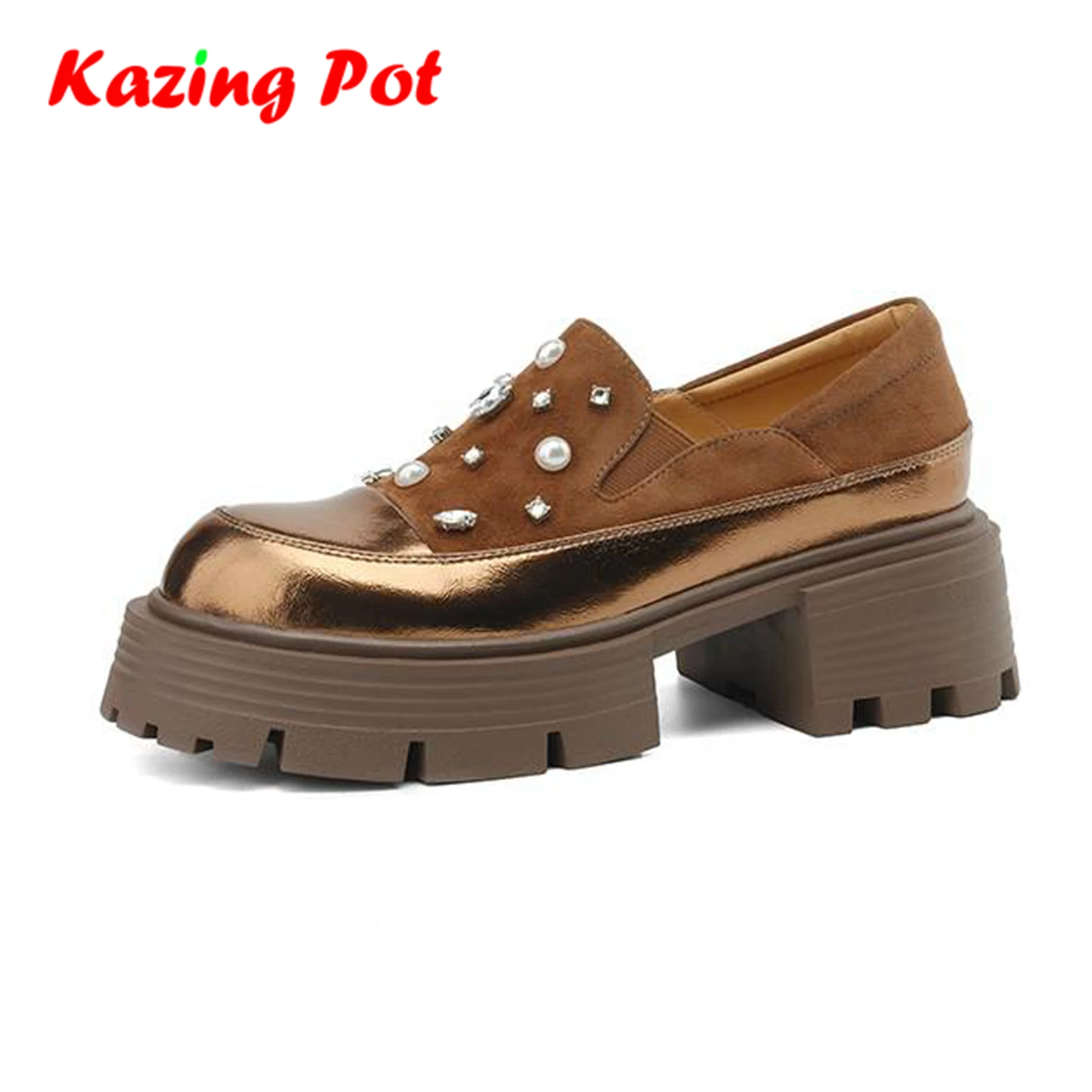 

Krazing Pot Sheep Suede Chunky Heels Round Toe Slip On Pearl Preppy Style Natural Leather Flat Platform Casual Women Ins Pumps