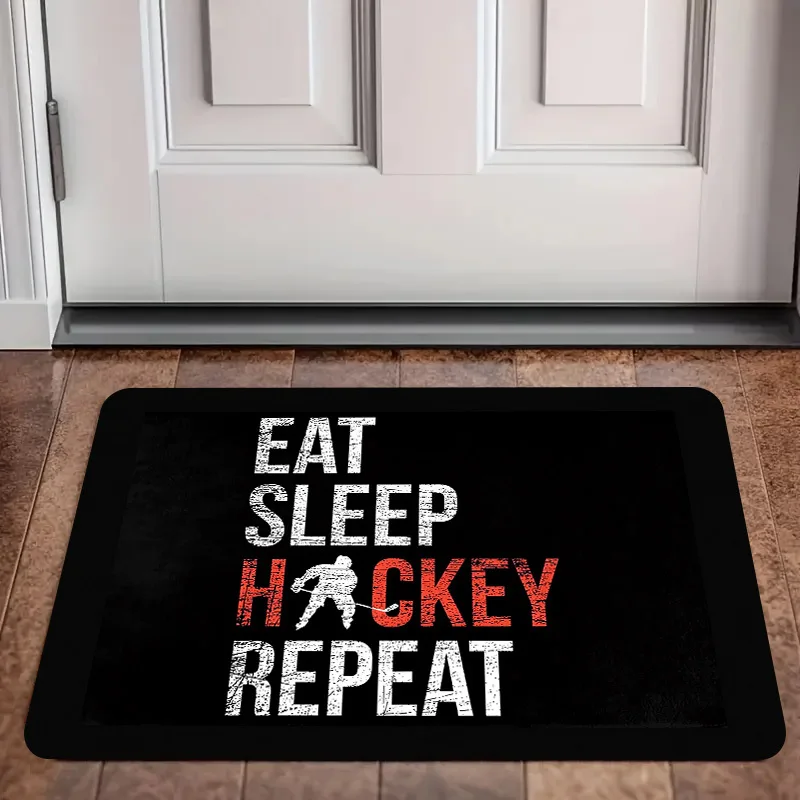 1 paillasson vintage sur le thème du hockey avec la phrase « Manger, dormir, hockey, répéter », base noire, texte blanc et rouge, antidérapant, lavable, tapis d'entrée